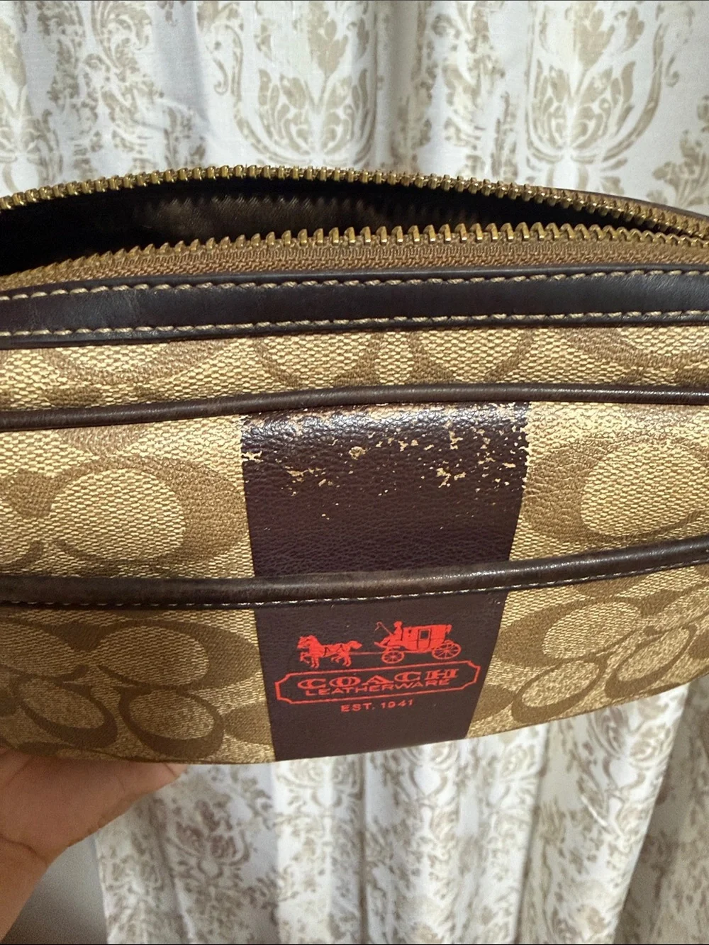 Coach Khaki/Chestnut Signature Canvas Messenger Bag with Red Logo